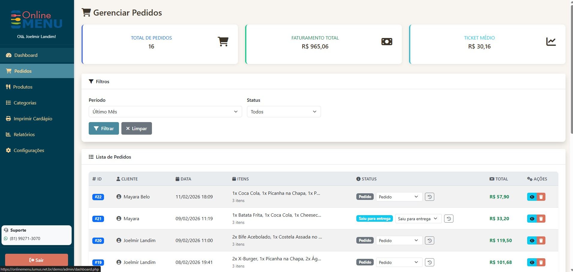 Painel admin — gerenciamento de pedidos