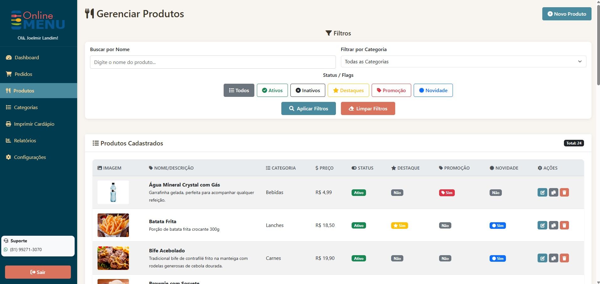 Painel admin — gerenciamento de produtos