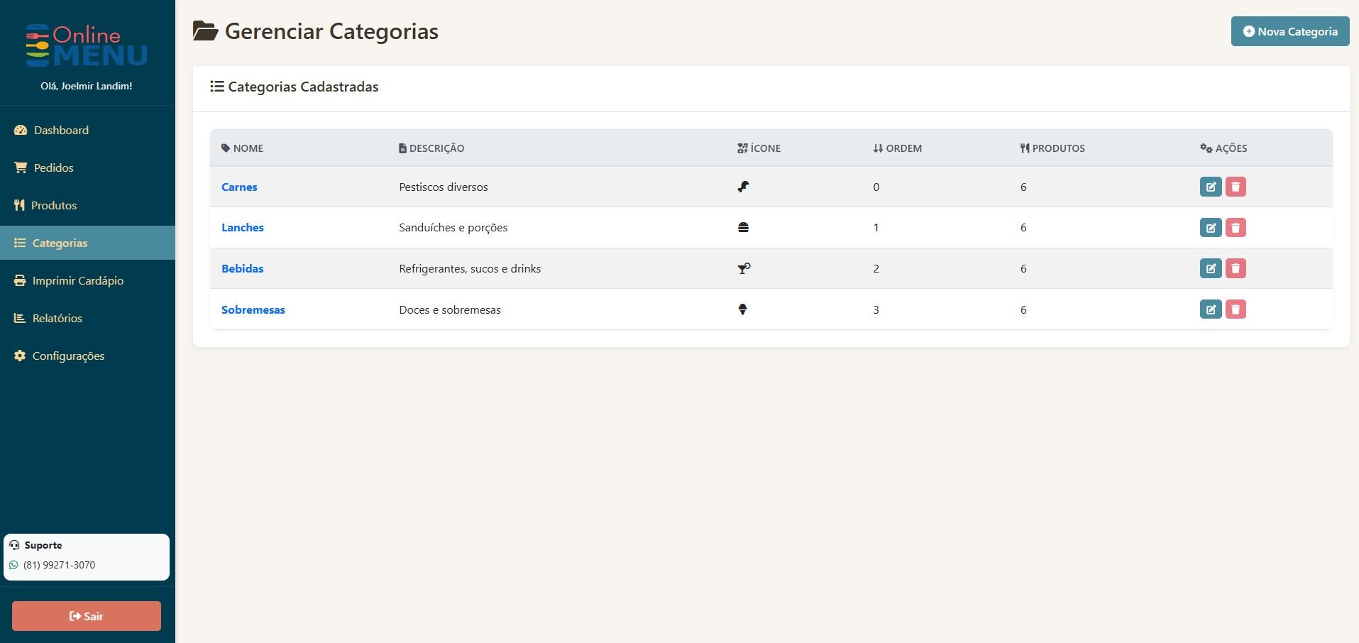 Painel admin — gerenciamento de categorias